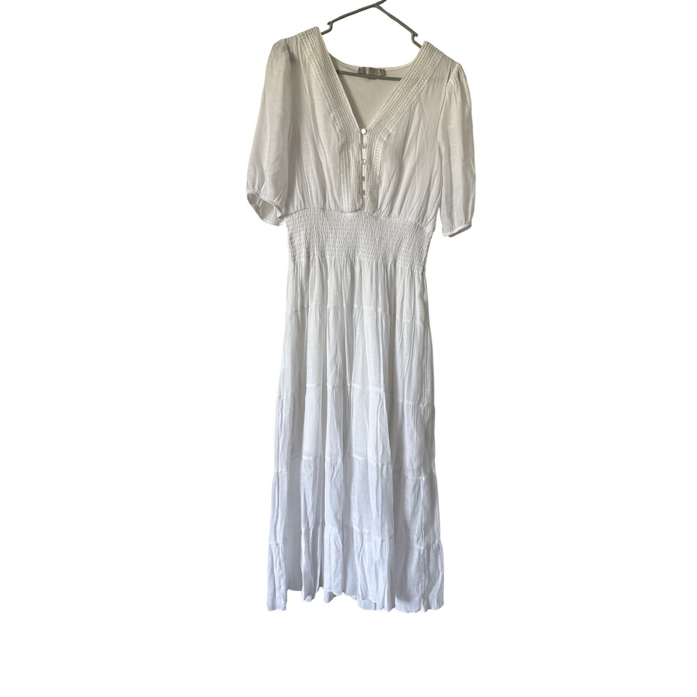 JOIE‎ White Tiered Midi Dress Smocked Waist Crochet Lace Fall Wedding Large - Picture 3 of 11